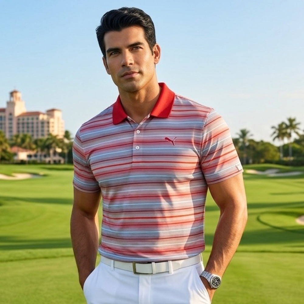 Puma Dry Cell Red and Light Blue Striped Polo Shirt